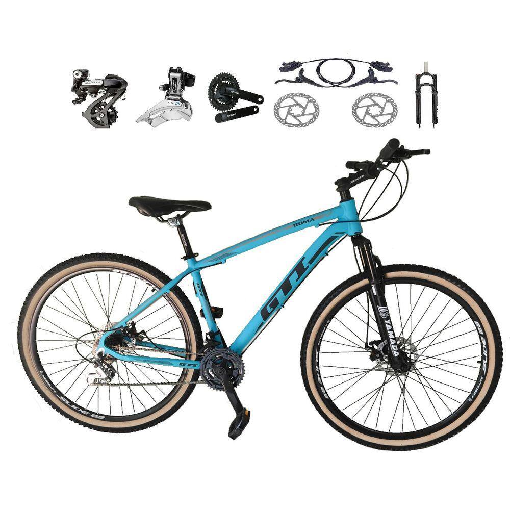 Bicicleta aro 29 Gti Roma Shimano Altus 24V Freio a Disco Hidráulico Garfo com Trava Pneu com Faixa Bege - Azul