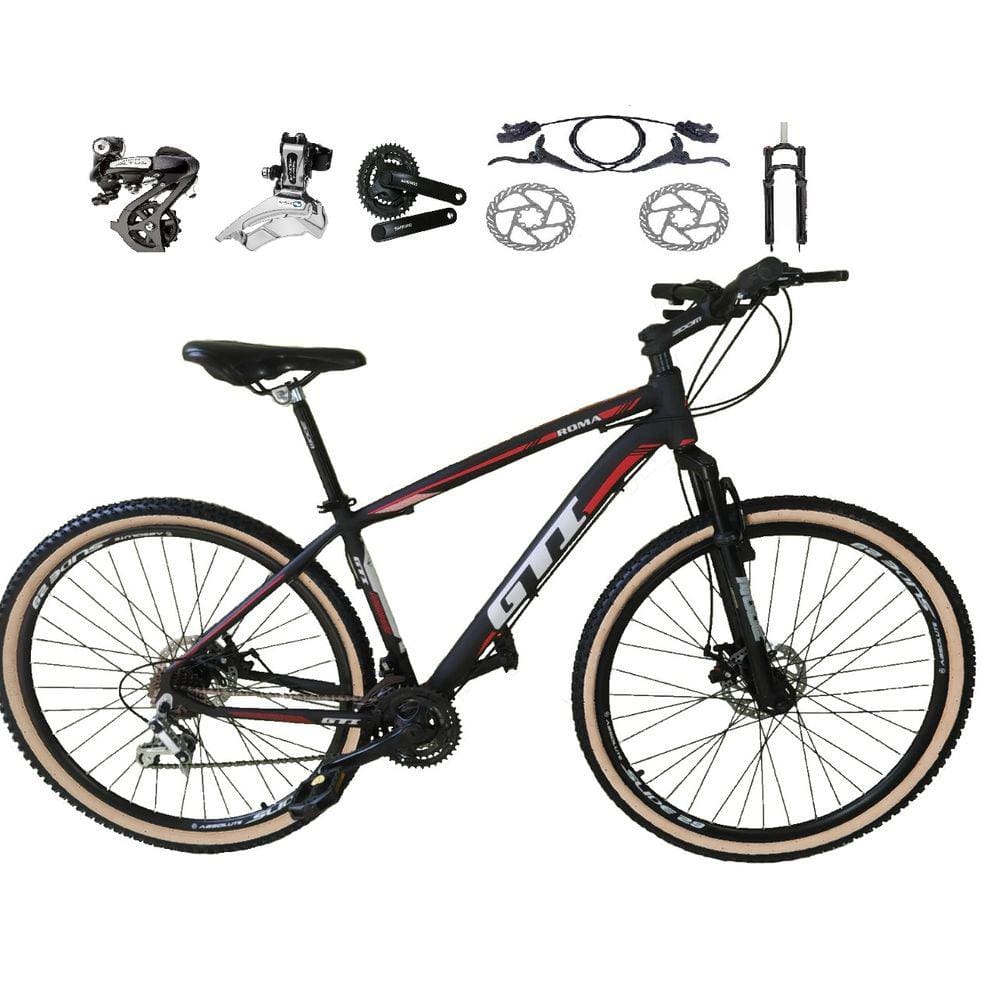 Bicicleta aro 29 Gti Roma Shimano Altus 24V Freio a Disco Hidráulico Garfo com Trava Pneu com Faixa Bege - Preto\\Vermelho