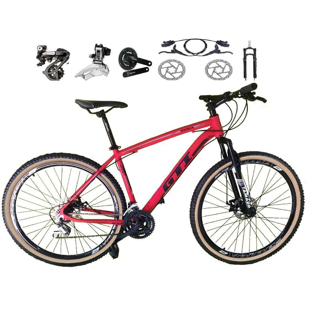 Bicicleta aro 29 Gti Roma Shimano Altus 24V Freio a Disco Hidráulico Garfo com Trava Pneu com Faixa Bege - Vermelho