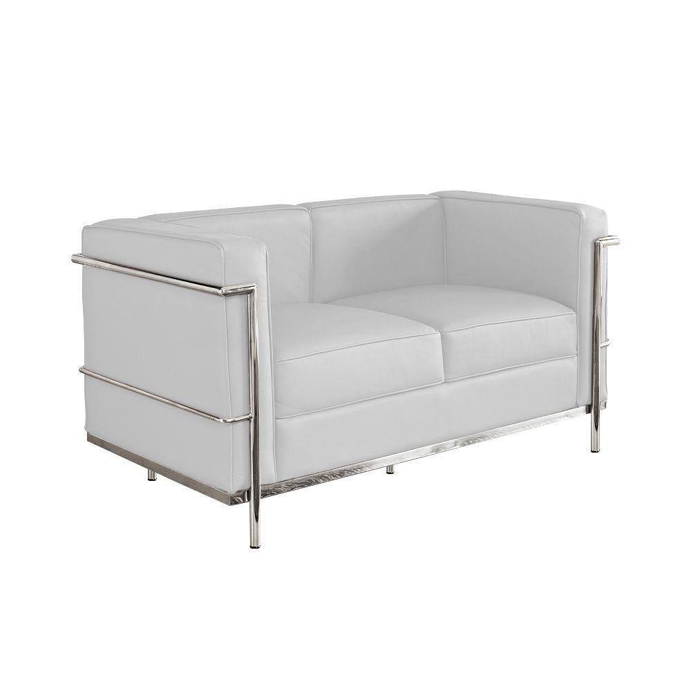 Sofa Le Corbusier De 2 Lugares Inox E Couro Natural Branco Cor Branco
