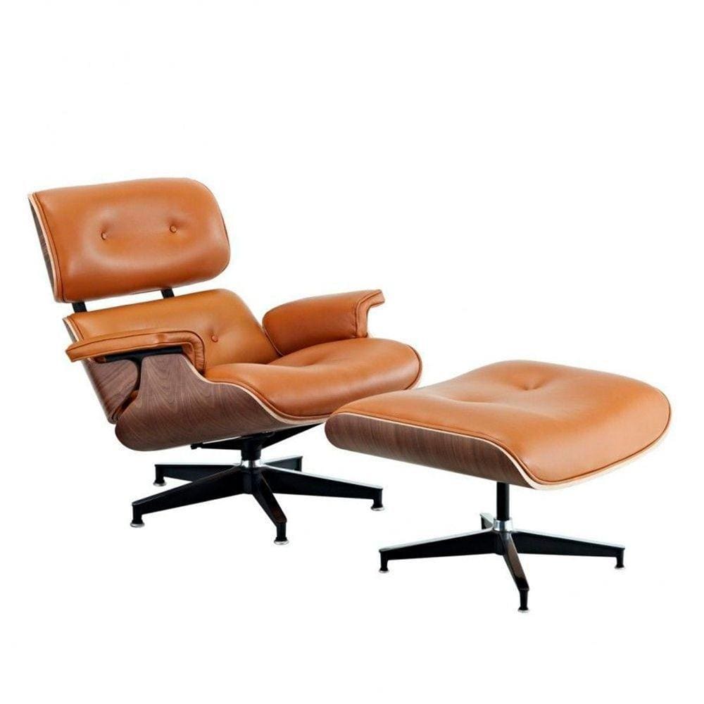Poltrona Charles Eames Couro Com Puff Base Aluminio Caramelo Cor Amarelo