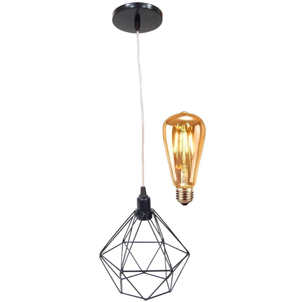 Pendente Aramado Diamante Lustre Cabo Cristal P Preto + Lãmpada Led ST64 Vintage Retrô