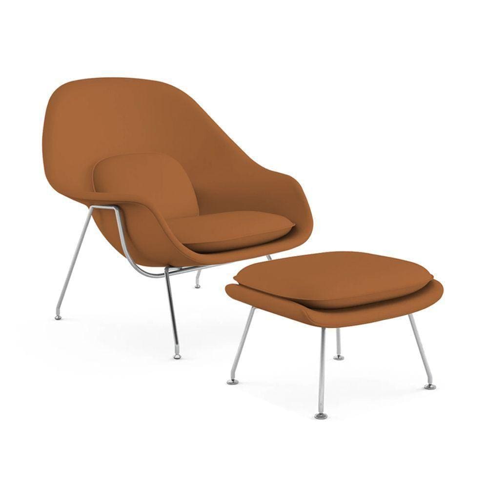 Poltrona Womb Chair Com Puff Cromada Sintético Caramelo Cor Amarelo