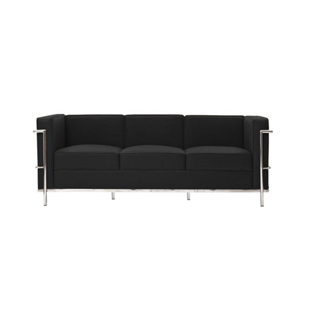 Sofa Le Corbusier De 3 Lugares Cromado Em Sintético Preto Cor Preto