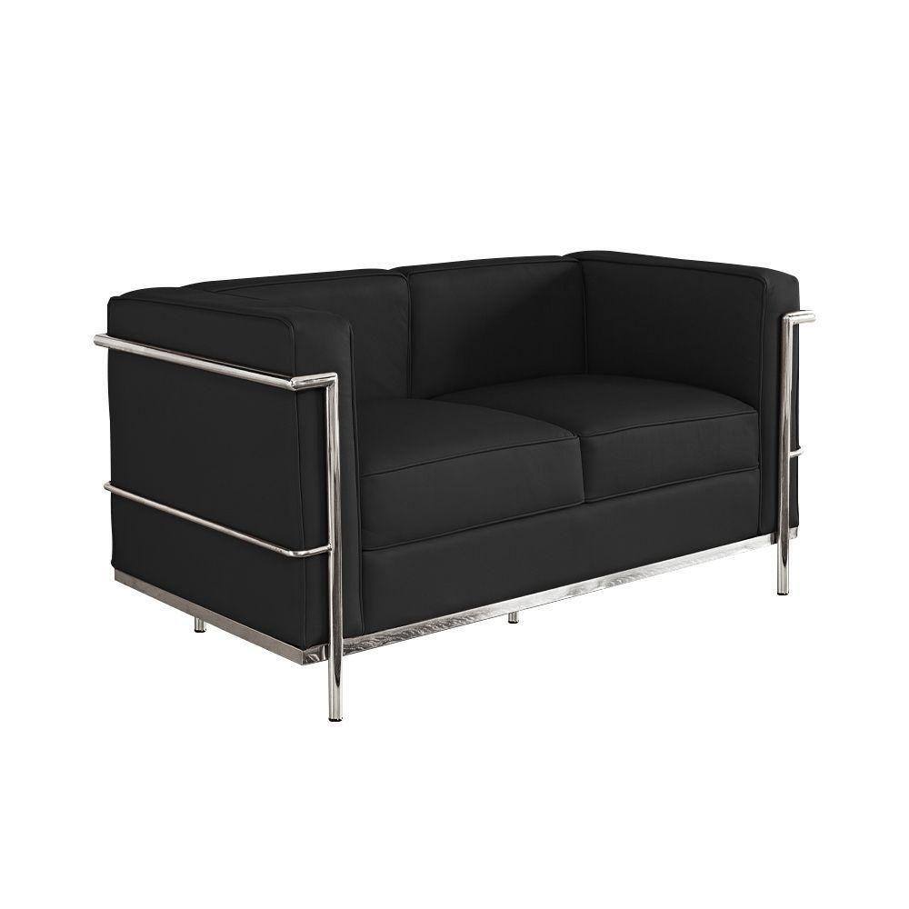 Sofa Le Corbusier De 2 Lugares Inox E Couro Natural Preto Cor Preto