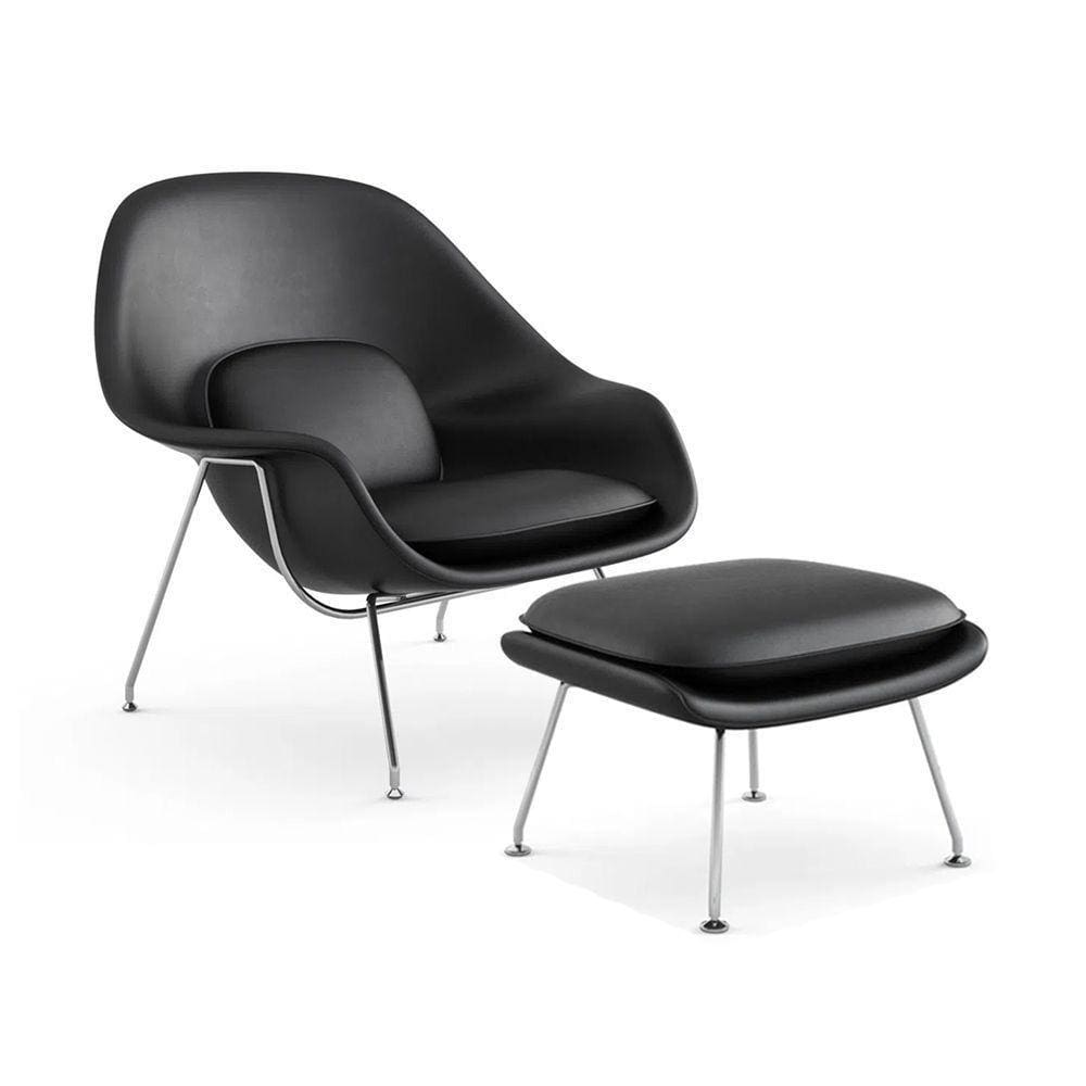 Poltrona Womb Chair Com Puff Cromada Sintético Preto Cor Preto