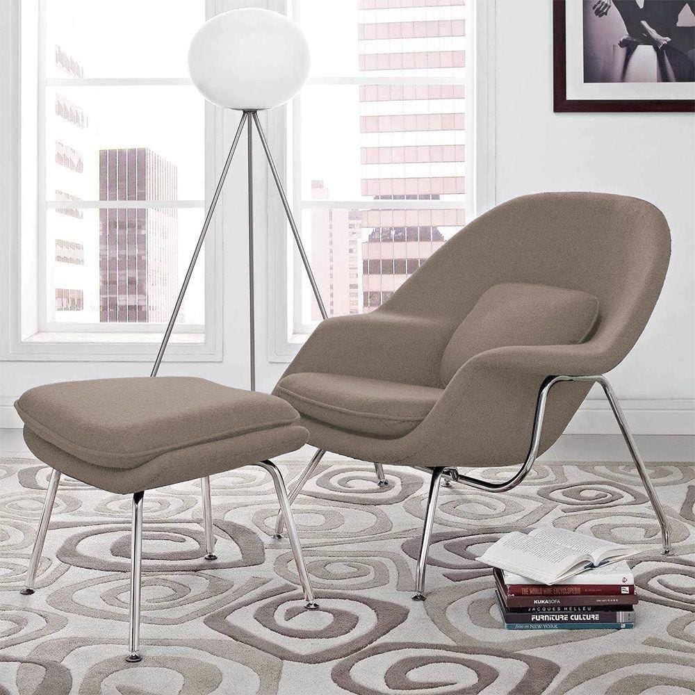 Poltrona Womb Chair Com Puff Cromada Linho Bege Cor Bege