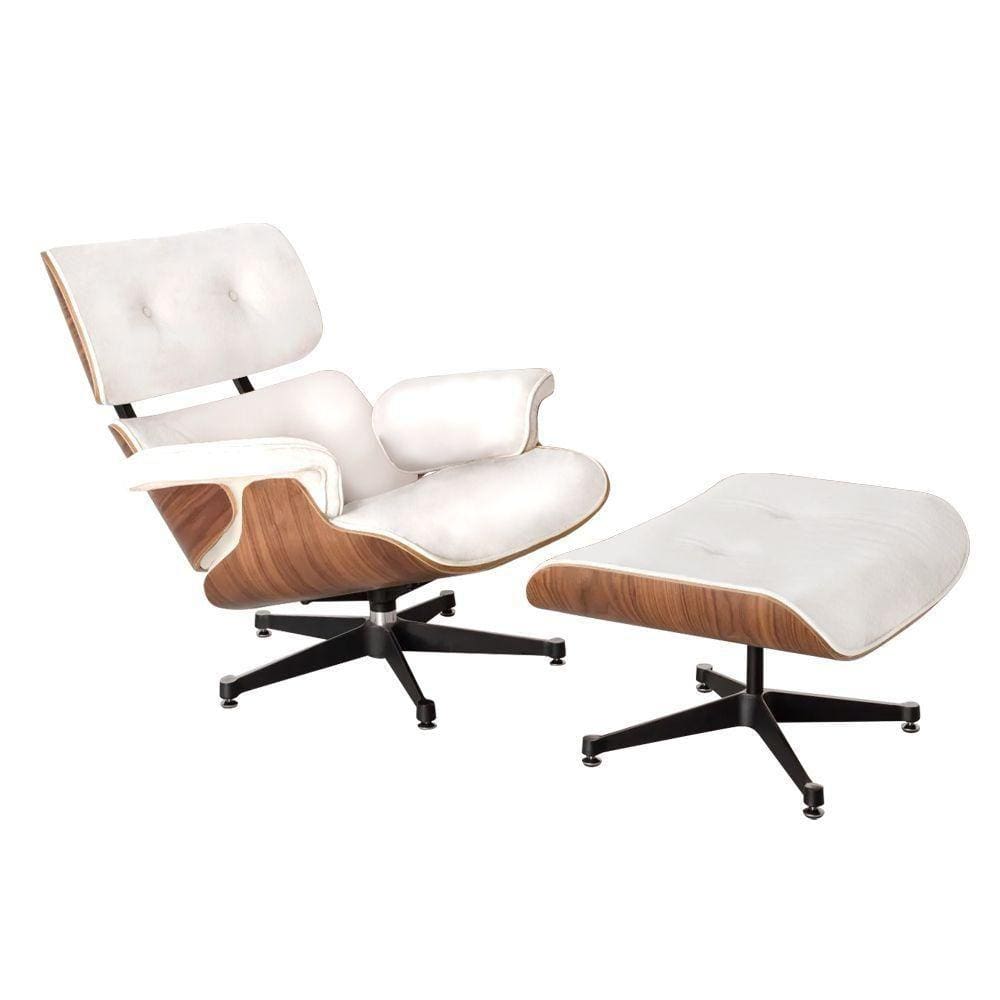 Poltrona Charles Eames Com Puff Couro Sintético Branco Cor Branco
