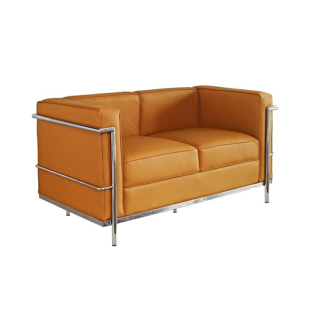 Sofa Le Corbusier De 2 Lugares Cromado Em Couro Natural Caramelo Cor Amarelo