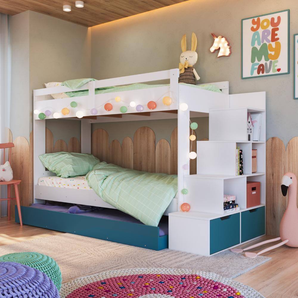 Cama Treliche Infantil com Escada Nichos e Cama Auxiliar Branco Azul