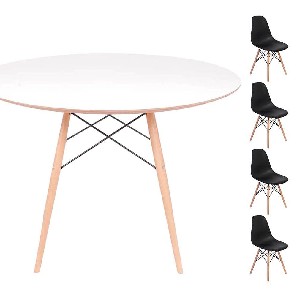 Conjunto Mesa Eames Eiffel DSW Redonda Branca 90cm + 4 Cadeiras Eames DSW - Preta