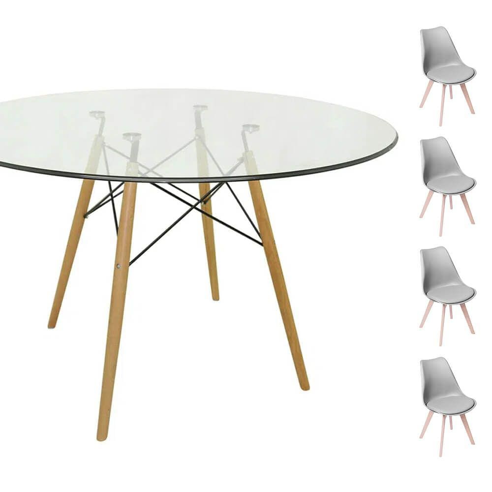 Conjunto Mesa Eames Eiffel Redonda Vidro 90cm + 4 Cadeiras Saarinen Wood - Cinza