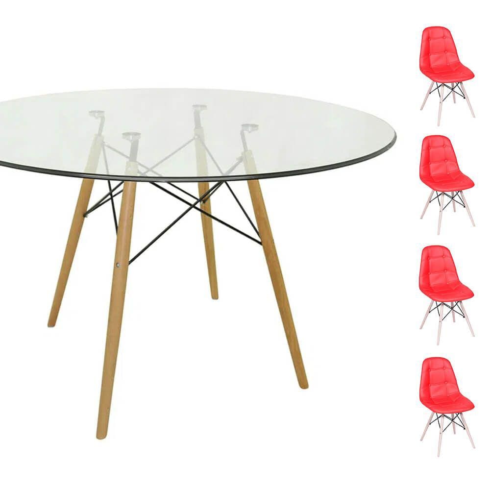 Conjunto Mesa Eames Eiffel Redonda Vidro 90cm + 4 Cadeiras Eames DSW Botonê - Vermelha