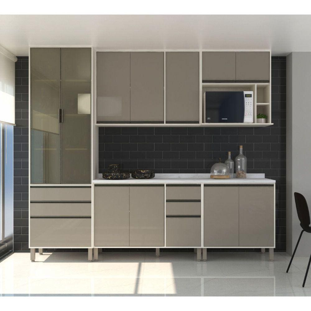 Cozinha Completa Modulada 6 Peças, Paneleiro Vidro Reflecta, Armários e Balcões Linea Luciane Móveis