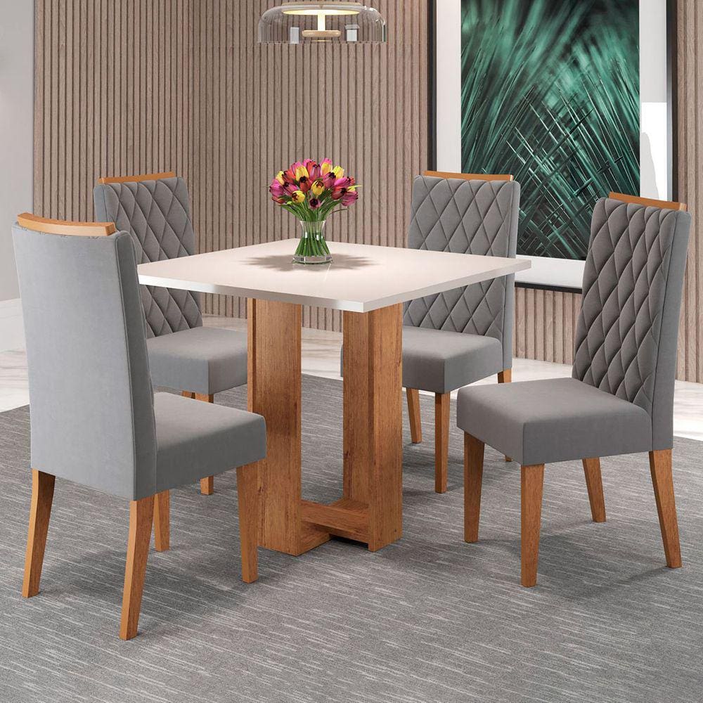 Mesa de Jantar 4 Lugares Charlotte Blonde/Veludo Cinza - Panorama Móveis
