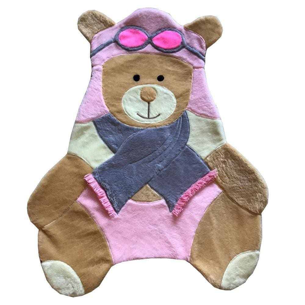 Tapete Pelúcia Ursa Aviador 1,05M X 85Cm Cachecol Infantil Macio Base Emborrachado - Rosa