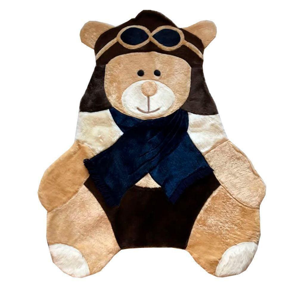 Tapete Pelúcia Urso Aviador 1,05M X 85Cm Cachecol Infantil Macio Base Emborrachado - Marrom