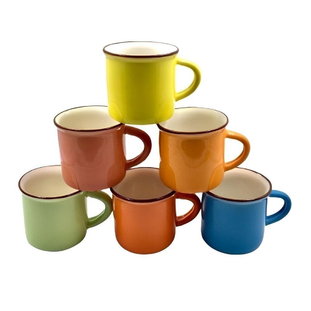 Jogo 6 Mini Canecas/Xícaras Coloridas Em Porcelana 80ml