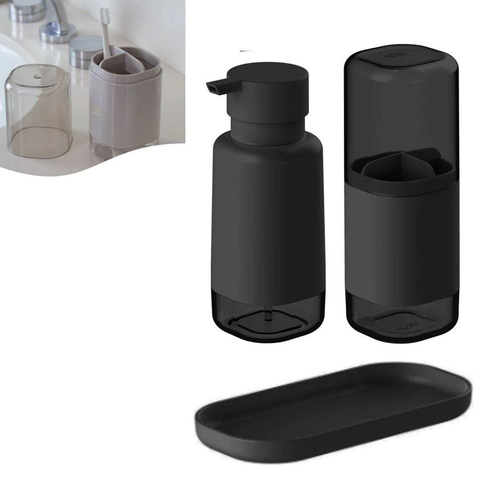 Kit Dispenser Porta Sabonete Líquido Suporte Escova Creme Dental Bandeja Pia Preto Dual KTE 128 Ou