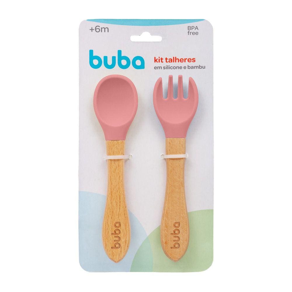 Kit Talheres Para Bebe Colher Garfo De Silicone e Bambu Buba Rosa