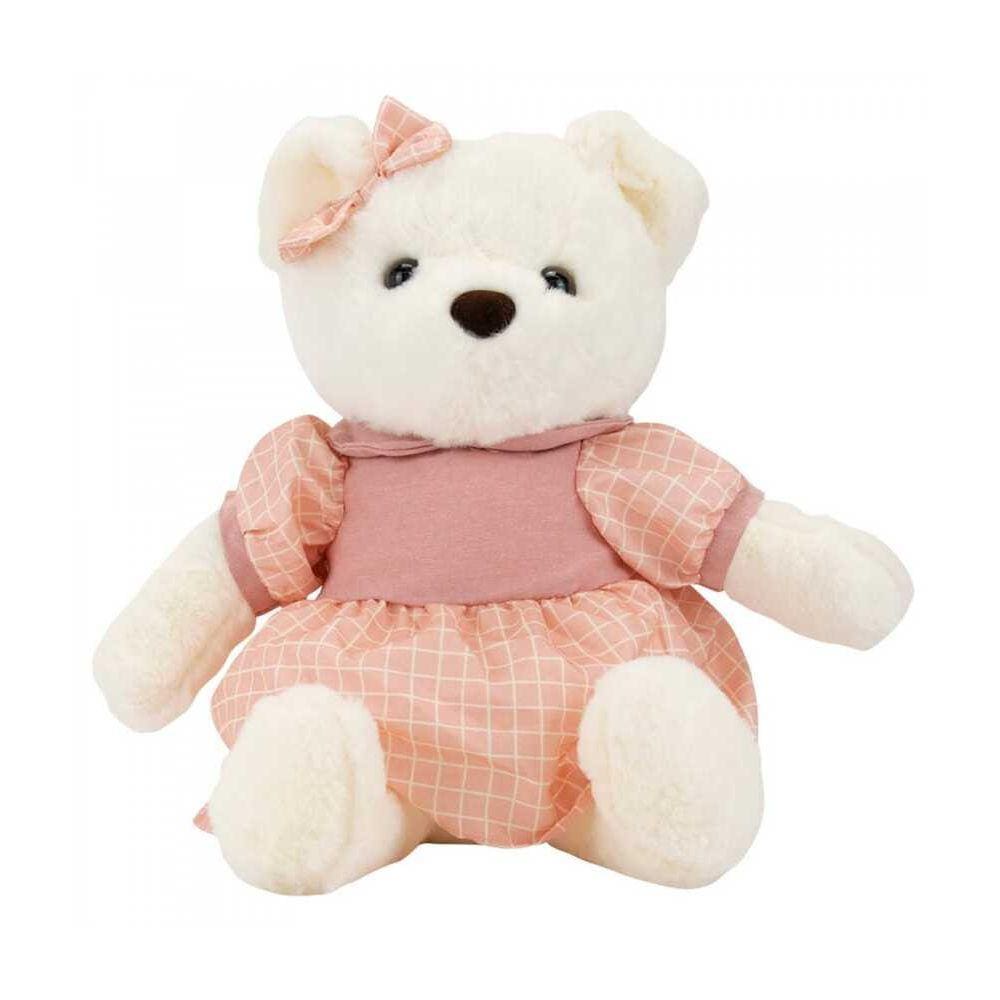 Urso De Pelúcia Branco Com Vestido Rosa Quadriculado 30 Cm