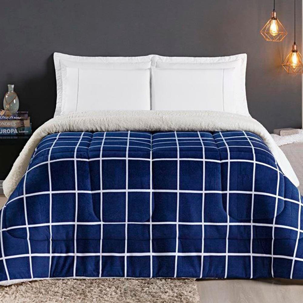 Coberdrom Cobertor Comfort Casal Queen 01 Peça Tecido Sherpa Manta Flannel Quadriculado - Azul
