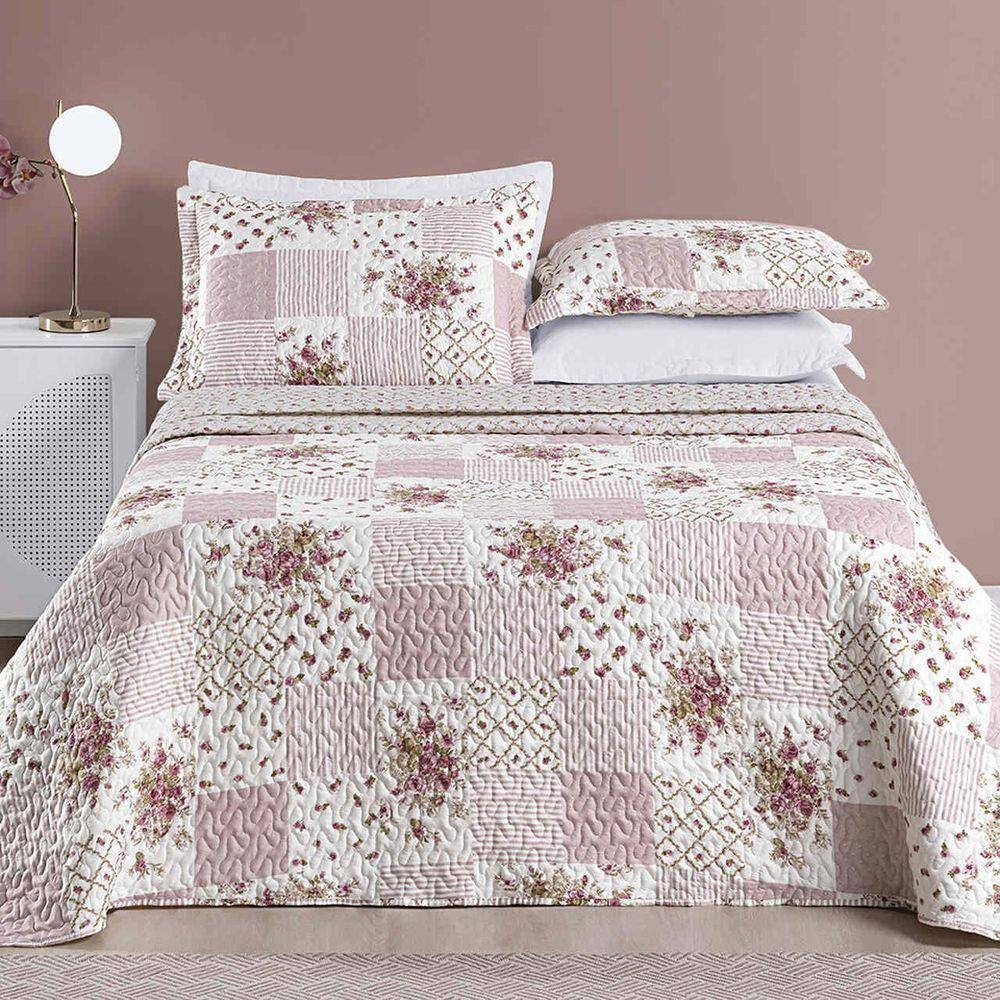 Kit Colcha Ayla Casal King Tecido Dupla Face Microfibra 03 Peças - Rosa Floral Matura
