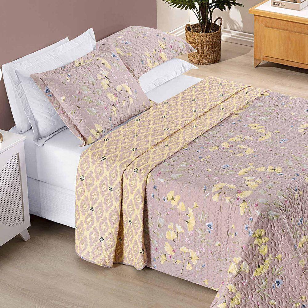 Kit Colcha Ayla Casal King Tecido Dupla Face Microfibra 03 Peças - Lavanda Floral