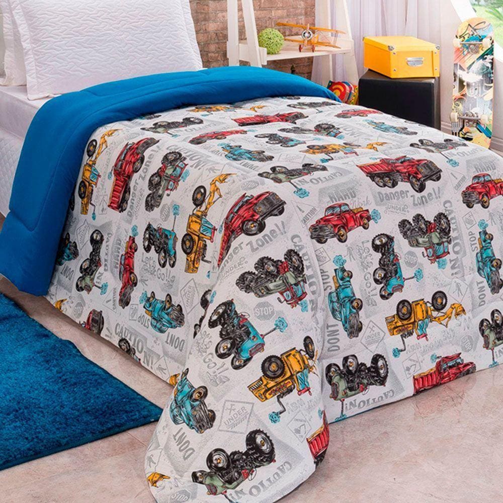 Edredom Fantasy Carros Solteiro Infantil Tecido Malha 100% Algodão Macio Antialérgico - Azul