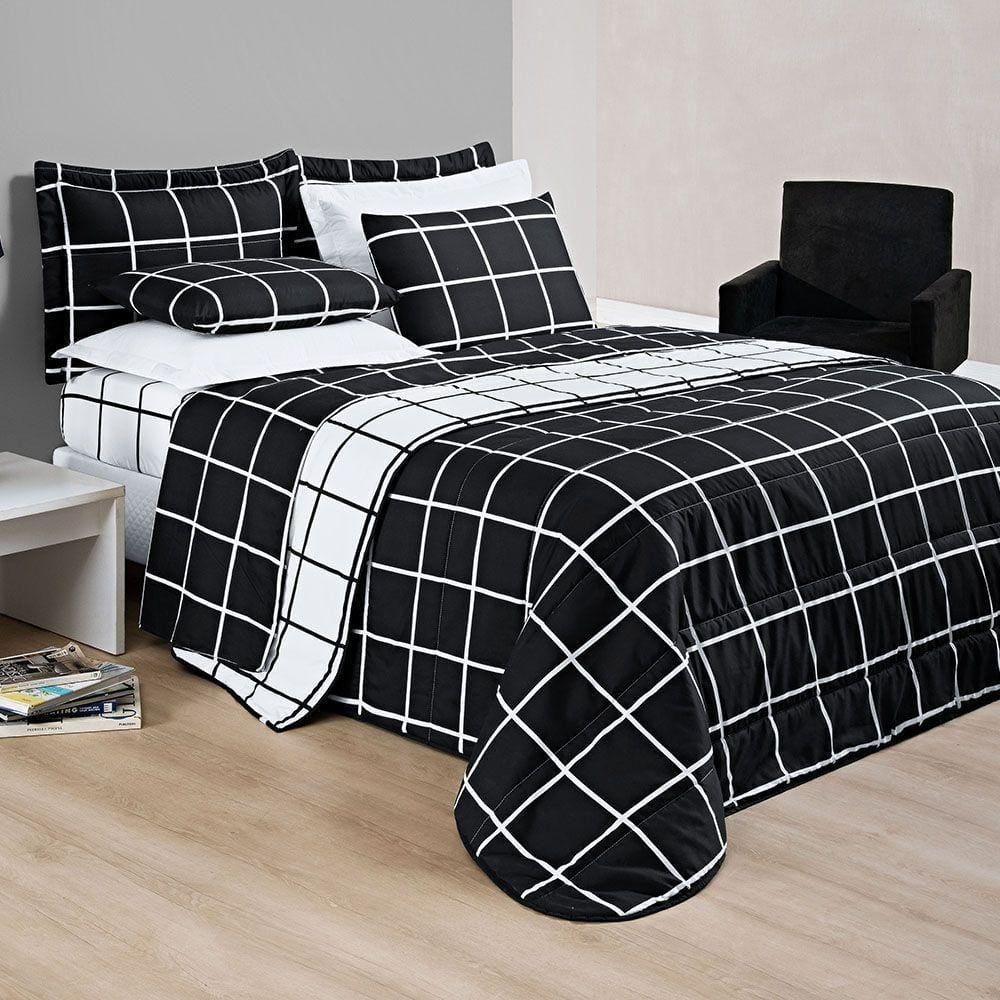 Kit Cobre Leito Minimalista Queen 03 Peças Micropercal 200 Fios - Preto Com Branco