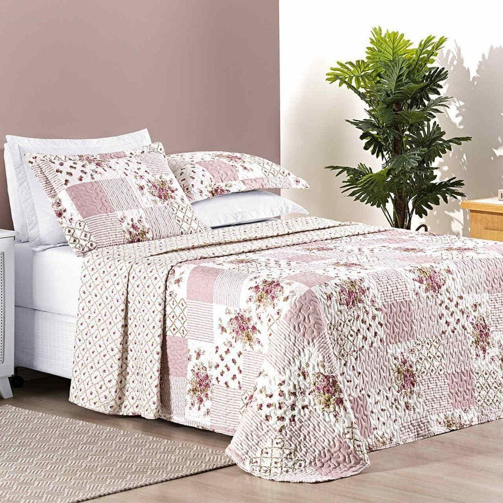 Colcha Ayla Casal Queen Tecido Dupla Face Microfibra 03 Peças - Rosa Floral Matura
