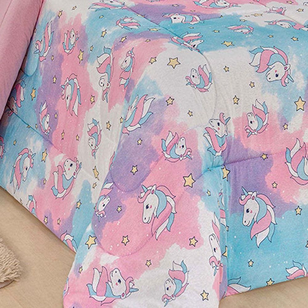 Edredom Fantasy Unicórnio Solteiro Infantil Tecido Malha 100% Algodão Macio Antialérgico - Rosa