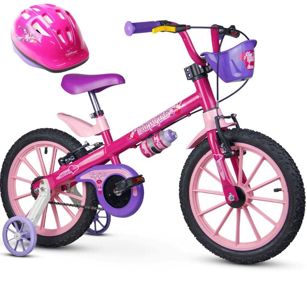 Bicicleta aro 16 com Rodinha e Capacete Menina Top Girls