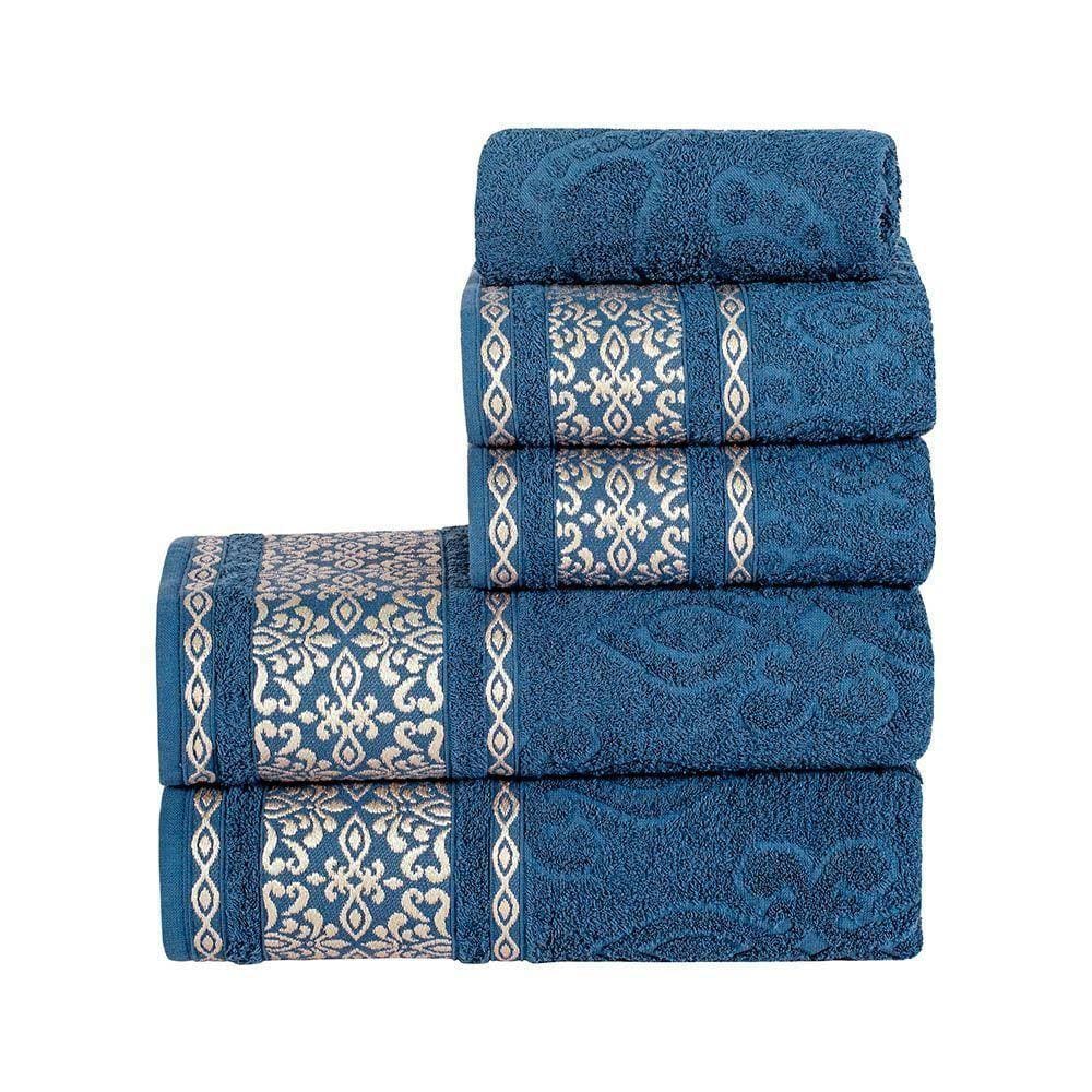 Jogo De Banho Toalhas Delicato 100% Algodão Tecido Felpudo Macio 05 Peças Detalhado - Azul Marinho