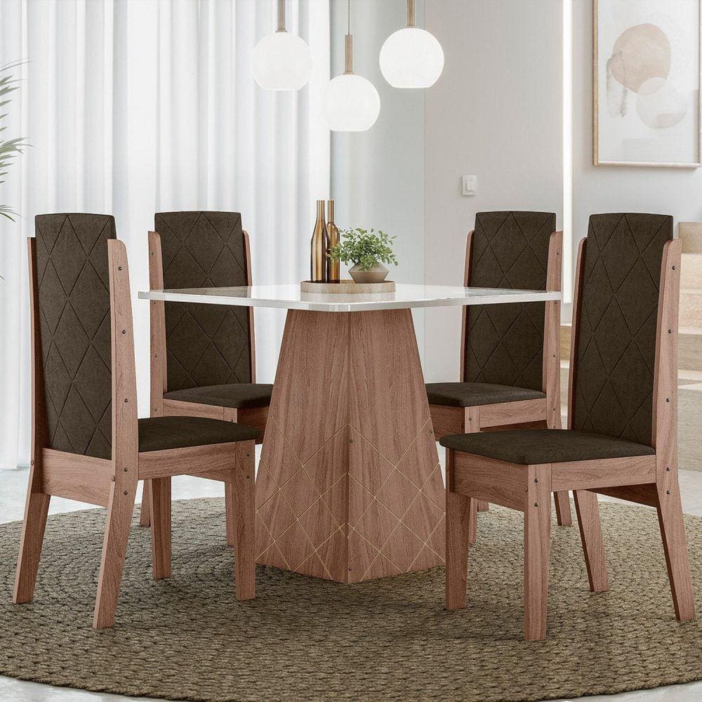 Conjunto Torre Liz 90x90cm com 4 Cadeiras Amendoa/69B