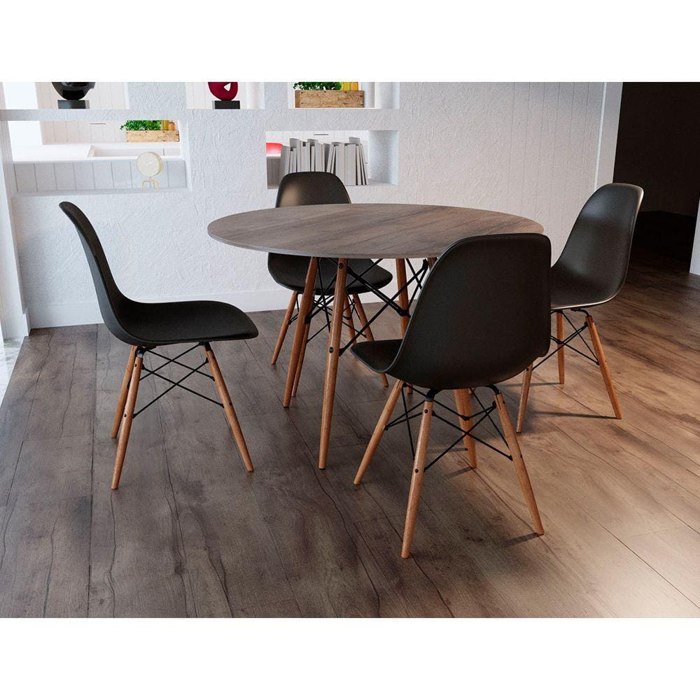 Conjunto de Mesa de Jantar Eames Eiffel Redonda 110cm Tampo de Madeira Amêndoa com 4 Cadeiras Pretas