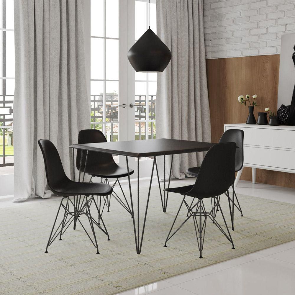 Conjunto de Mesa Eames Clips de Ferro Preto Tampo Preto 120x75 4 Cadeiras Ferro Preta Assento Preto