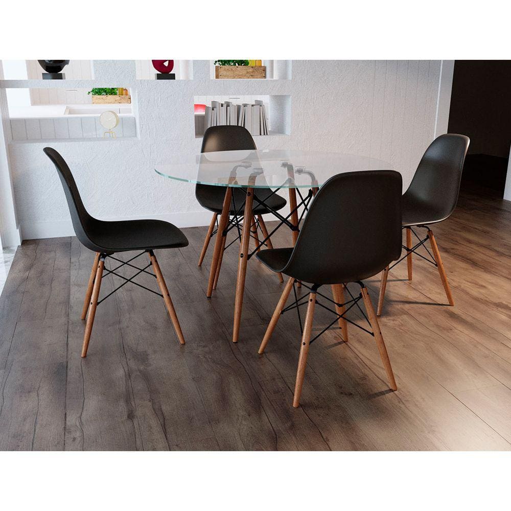 Conjunto de Mesa de Jantar Eames Eiffel Redonda 90cm Tampo de Vidro com 4 Cadeiras Pretas