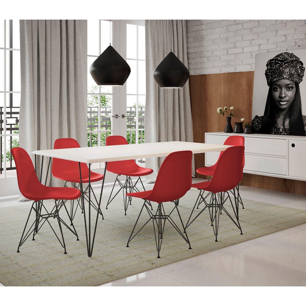 Conjunto de Mesa Eames Clips de Ferro Preto Tampo Branco 135x75 6 Cadeiras Preta Assento Vermelho