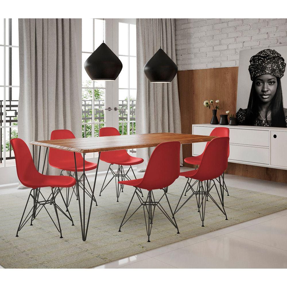 Conjunto de Mesa Eames Clips de Ferro Preto Tampo Amêndoa 135x75 6 Cadeiras Preta Assento Vermelho