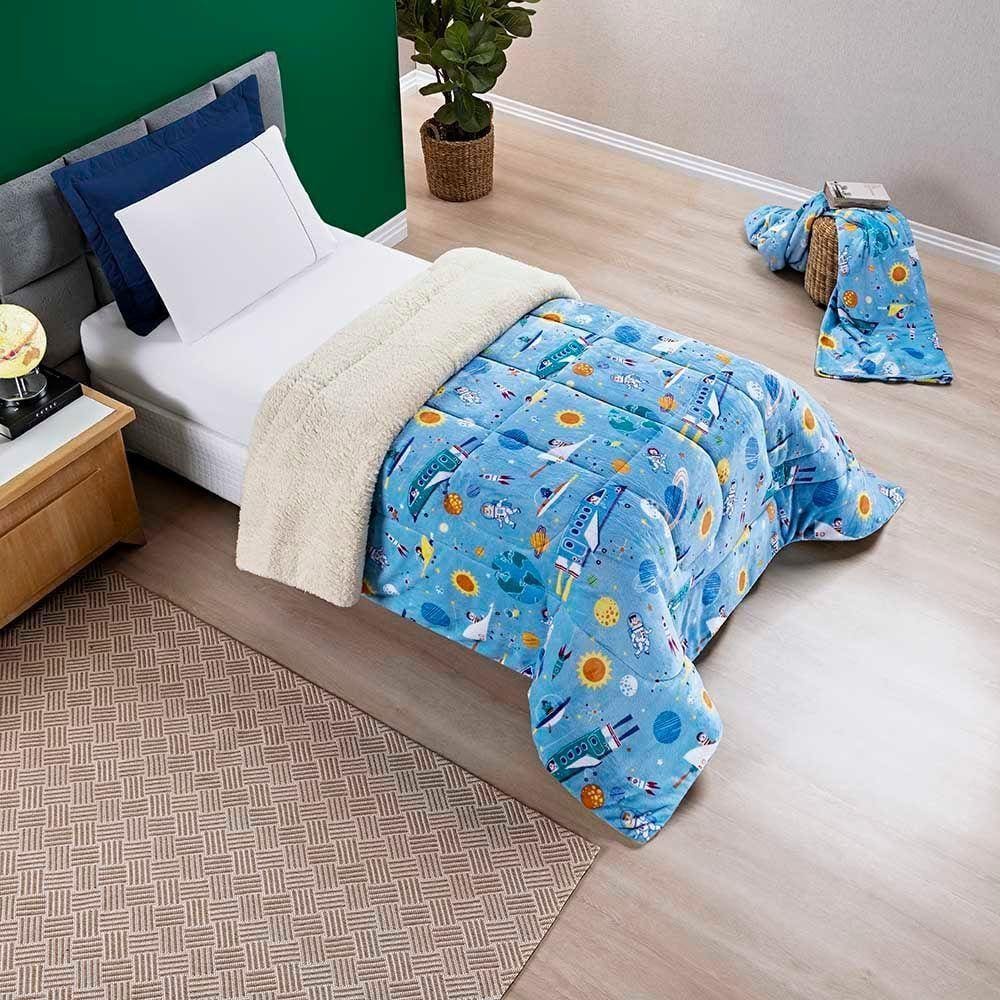 Coberdrom Solteiro Carrosel Kids Manta Flannel Sherpa Infantil Premium Toque Macio - Astronauta