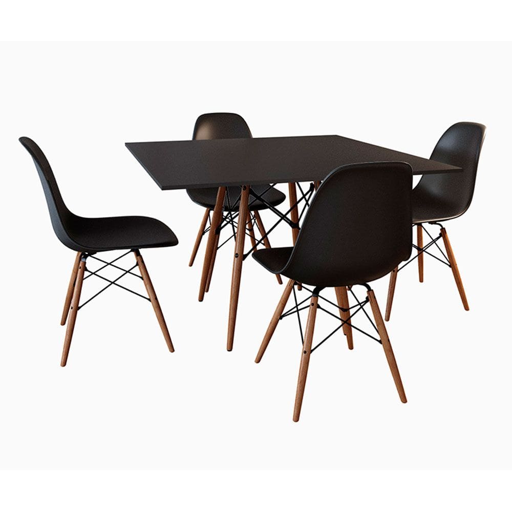 Conjunto de Mesa de Jantar Eames Eiffel Quadrada 90cm Tampo de Madeira Preto com 4 Cadeiras Pretas