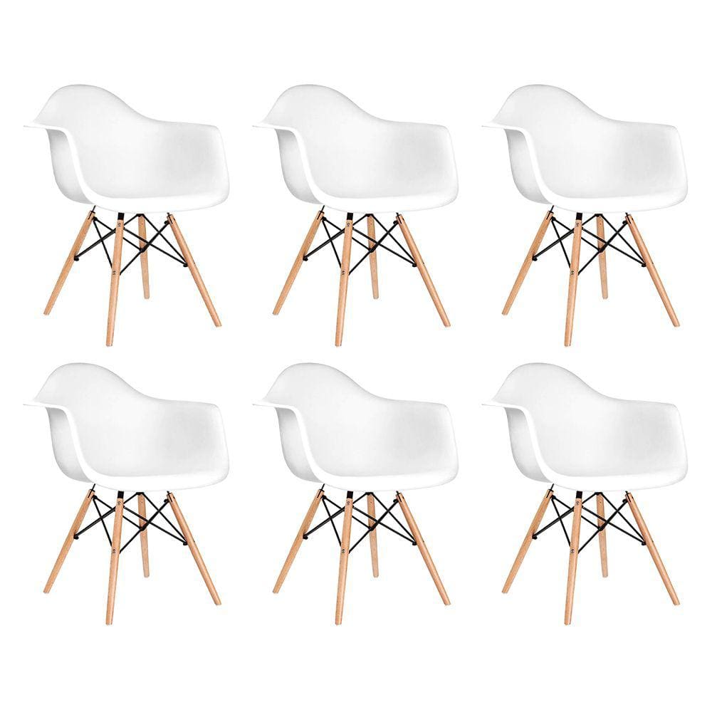 Kit 6 Poltronas Eames de Madeira com Braço Daw com Assento Branco