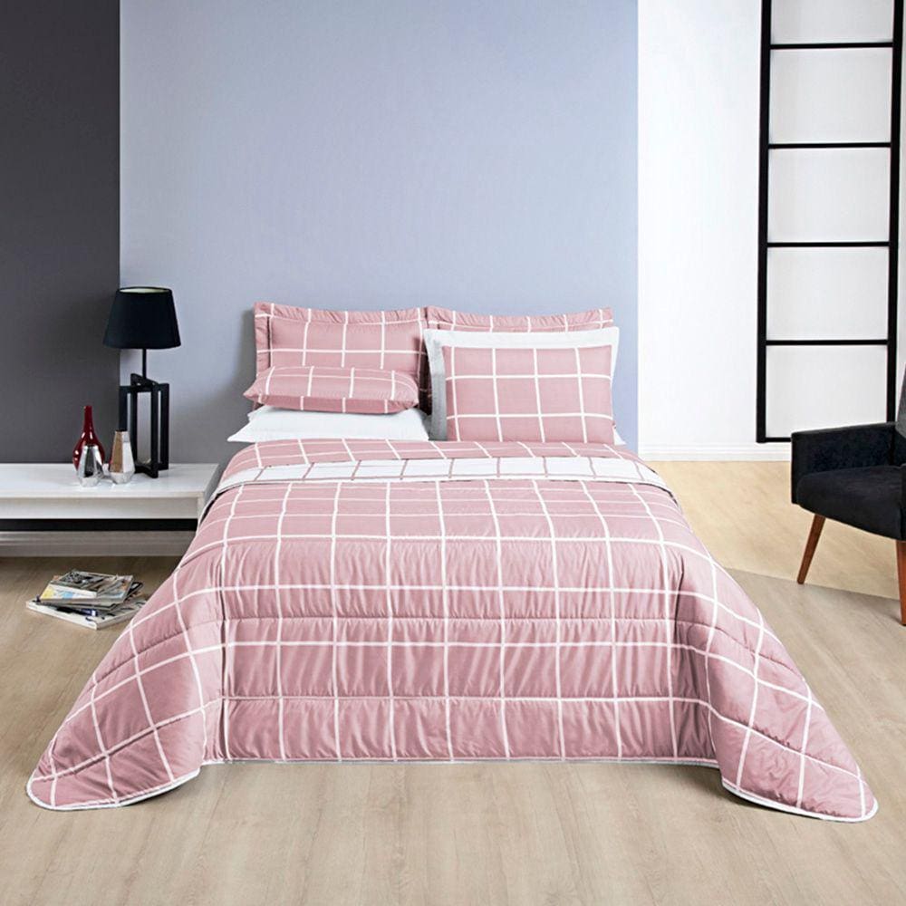 Kit Cobre Leito Colcha Brooklyn King Quadriculado Micropercal 200 Fios 3 Peças - Rosa