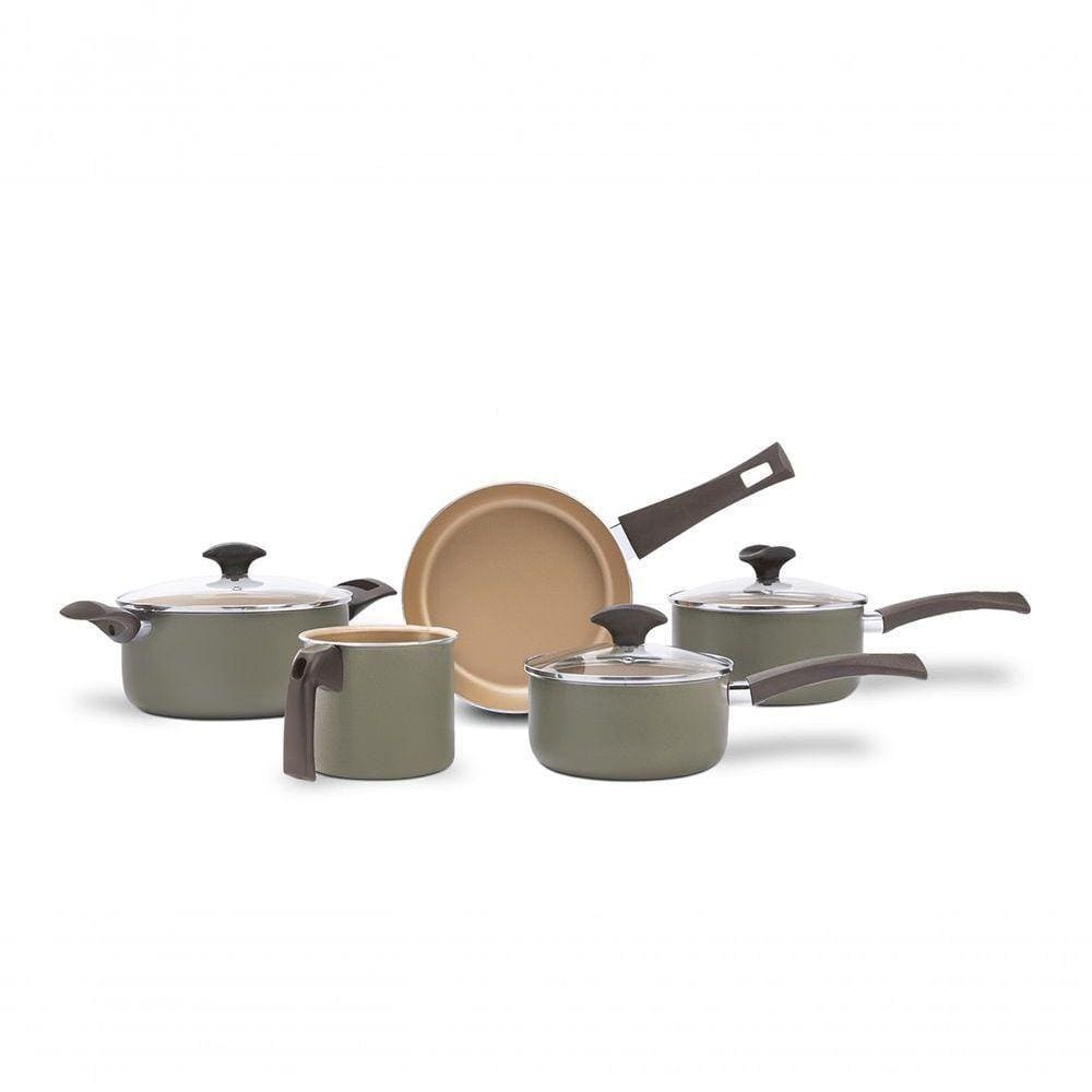 Conjunto De Panelas 5 Peças Revestimento Pro-flon Antiaderente Cor Verde Linha Green Brinox Marrom