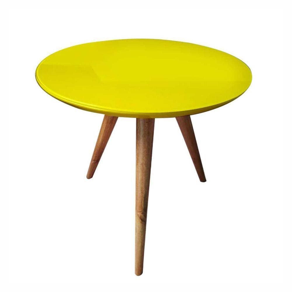 Mesa Lateral Redonda Com Vidro 50x50 Cor Amarelo Medida 50 Cm Altura