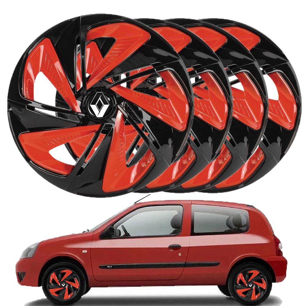 Jogo 04 calota Preto e vermelho aro 14 Renault Clio Honda Fit Peugeot 206 com emblema incluso.