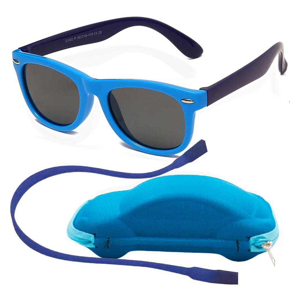 Óculos de Sol Flexível Infantil + Case Carrinho + Cordão Silicone Azul e Marinho
