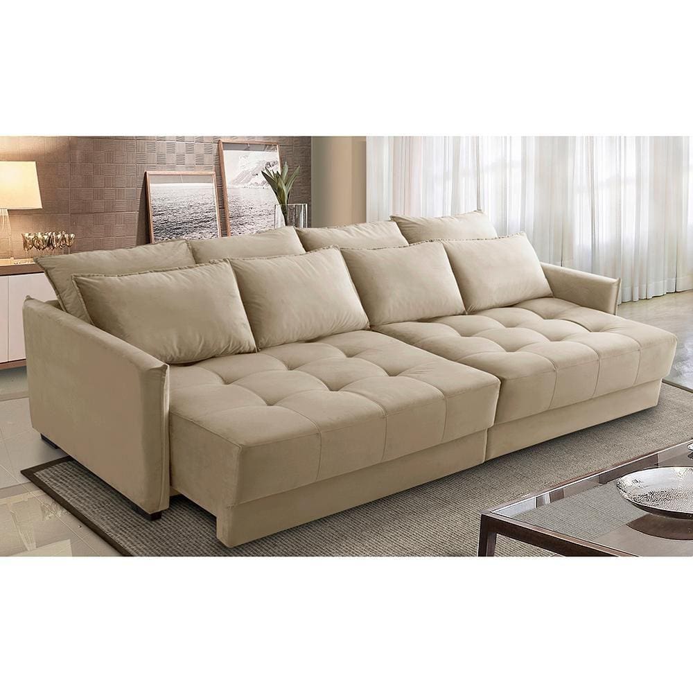 Sofá Sem Caixa Retrátil Reclinável 2,30m Carol Veludo Bege Adonai Estofados