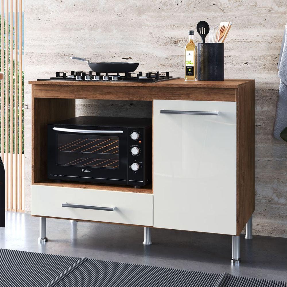 Balcão para Cooktop 4 e 5 Bocas Marrom Off-White Nicho Forno Armário Multiuso Cozinha